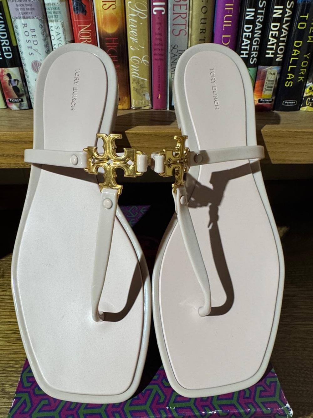 Tory Burch Pale Pink Miller Logo Thong Sandals with Gold Hardware